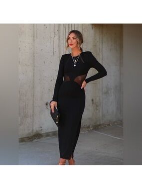 VICI Melania Padded Shoulder
Bodycon Mesh Cutout Dress - Black